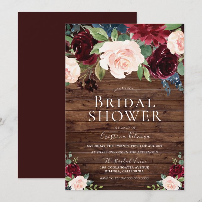Marsala Burgundy Red & Blush Rustic Bridal Shower Invitation (Front/Back)