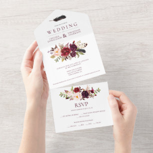 Marsala Burgundy Red Boho Floral   All In One Invitation