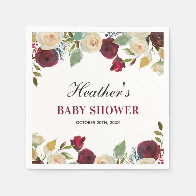 Marsala Burgundy Red Fall Baby Shower  Table Paper Napkins (Front)