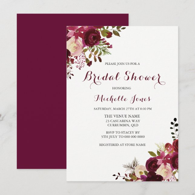 Marsala Burgundy Red Floral Spring Bridal Shower Invitation (Front/Back)