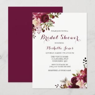 Marsala Burgundy Red Floral Spring Bridal Shower Invitation