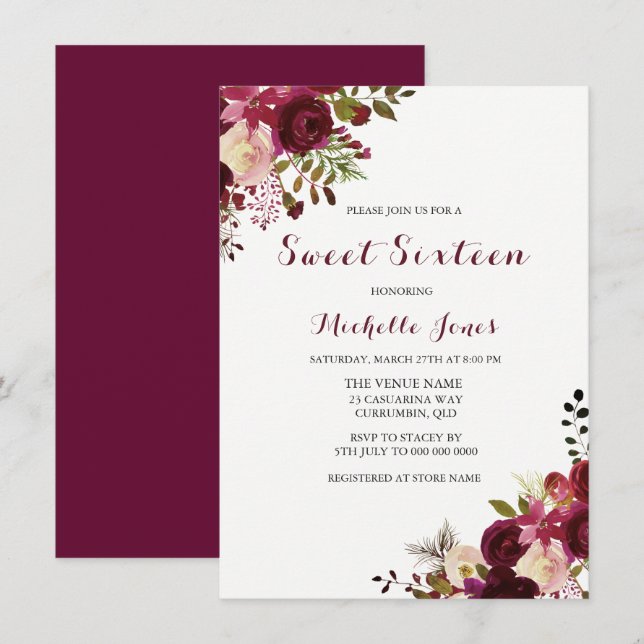 Marsala Burgundy Red Floral Spring Sweet 16 Invite (Front/Back)