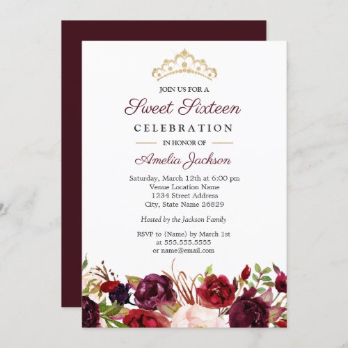 Marsala Burgundy Red Floral Sweet 16 Invitation