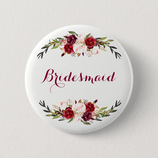 marsala burgundy red pink floral bridesmaid button (Front)