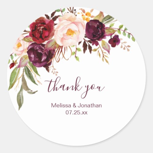 Marsala Burgundy Red Pink Floral Thank You Classic Round Sticker