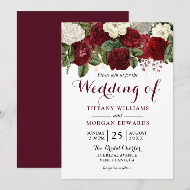 Marsala Burgundy Red Roses Fall Spring Wedding Invitation (Front/Back)