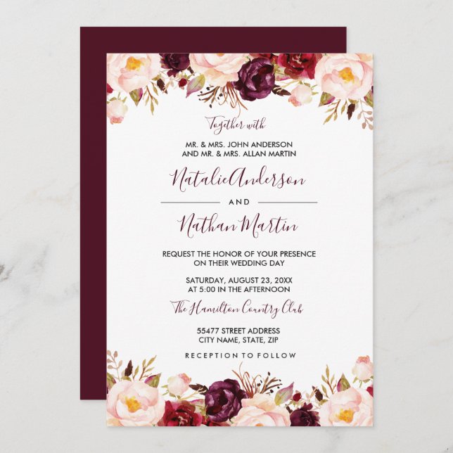 Marsala Burgundy Red Watercolor Floral Wedding Invitation (Front/Back)