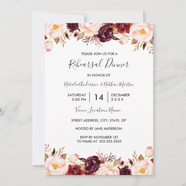 Marsala Burgundy Red Watercolor Rehearsal Dinner Invitation (Front)