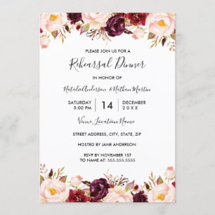 Marsala Burgundy Red Watercolor Rehearsal Dinner Invitation