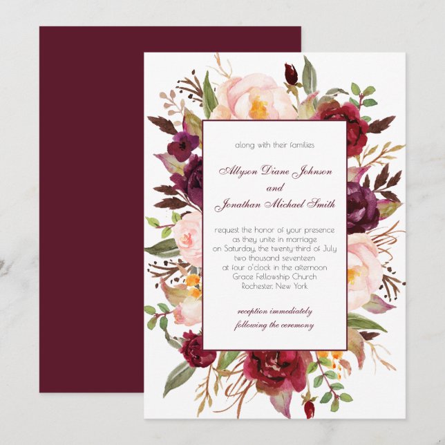 Marsala Burgundy Red White Roses Wedding Invite | (Front/Back)
