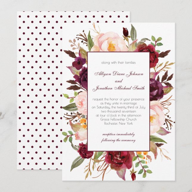 Marsala Burgundy Red White Roses Wedding Invite | (Front/Back)