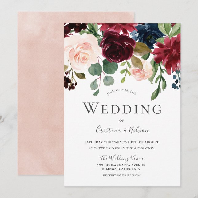 Marsala Burgundy Red Wine Blush Floral Wedding Invitation (Front/Back)