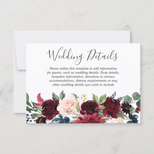 Marsala Burgundy Red Wine Floral Wedding Details RSVP Card