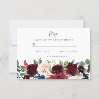 Marsala Burgundy Red Wine Floral Wedding RSVP