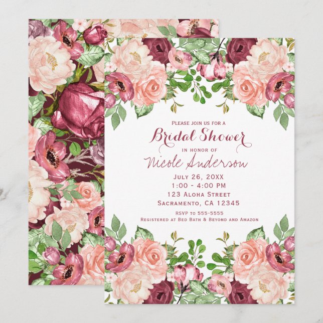 Marsala Burgundy Rustic Floral Glam Bridal Shower Invitation (Front/Back)