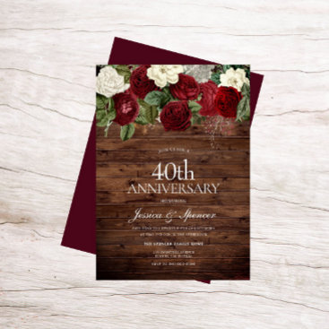 Marsala Burgundy Rustic Red Rose 40th Anniversary Invitation
