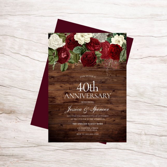 Marsala Burgundy Rustic Red Rose 40th Anniversary Invitation (Creator Uploaded)