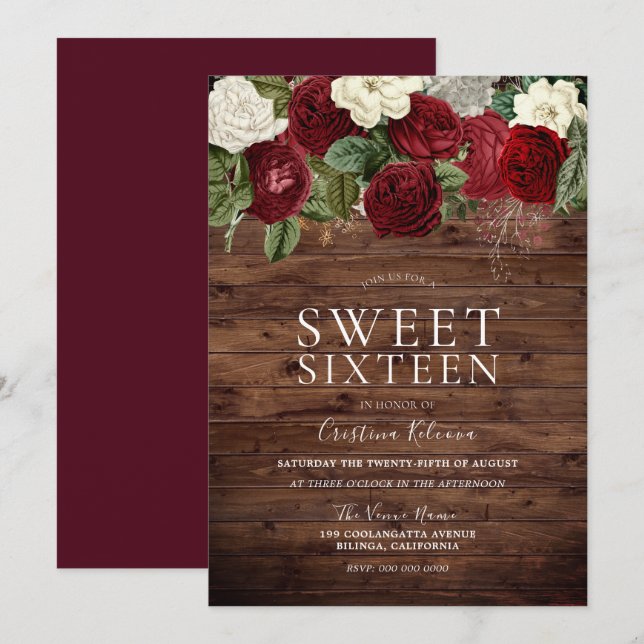 Marsala Burgundy Rustic Red Rose Sweet 16 Party Invitation (Front/Back)