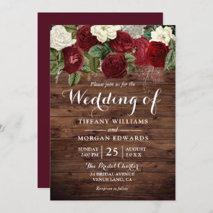 Marsala Burgundy Rustic Red Roses Wedding Invitation