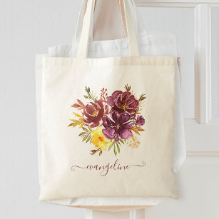 Marsala Burgundy Watercolor Floral Personalized Tote Bag