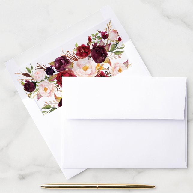 Marsala Burgundy Watercolor Flowers Wedding Envelope Liner (Desk)