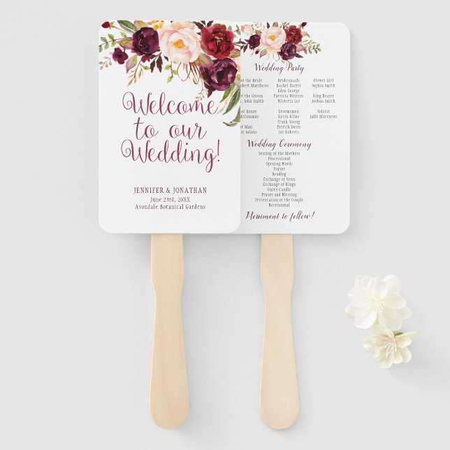 Marsala Burgundy Watercolor Roses Program Fans (Front and Back)