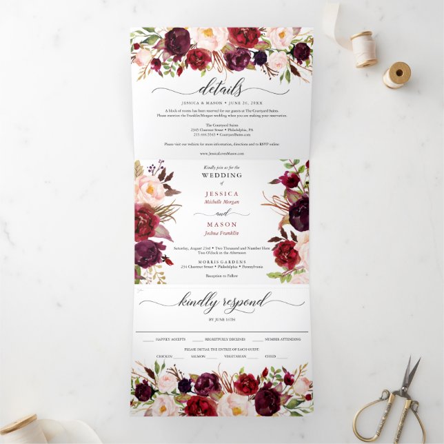 Marsala Burgundy Wedding Tri-Fold Invitations (Inside)