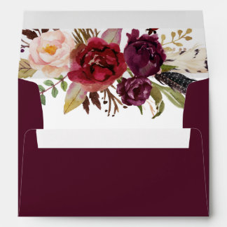 Marsala Burgundy White Roses Feathers Boho Envelope