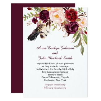 Marsala Burgundy White Roses Feathers Boho Wedding Card