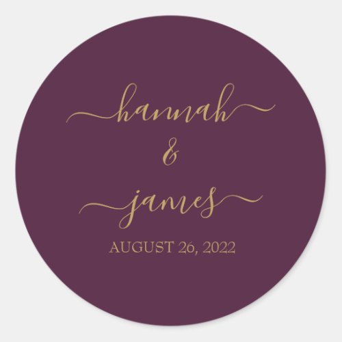 Marsala Burgundy Wine Gold Calligraphy Wedding Classic Round Sticker