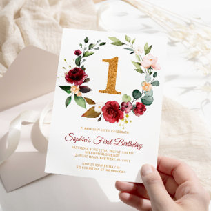 Marsala & Burgundy Wreath First Birthday Invitation