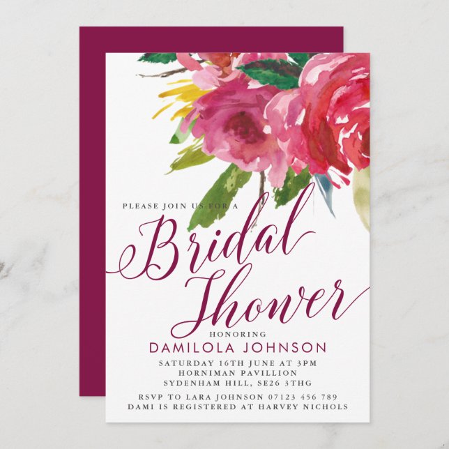 Marsala Cascade Floral Bridal Shower Invitation (Front/Back)