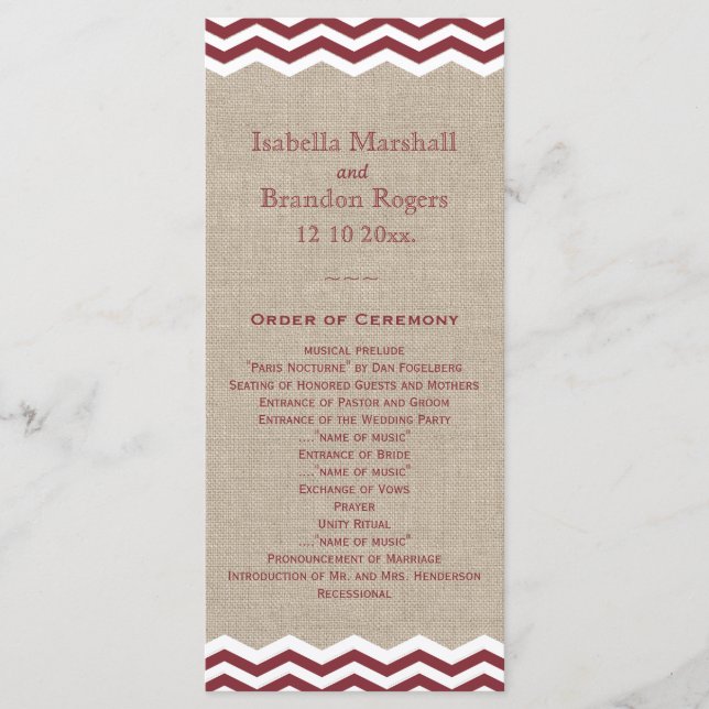 Marsala Chevrons on Burlap Wedding Program (Front)