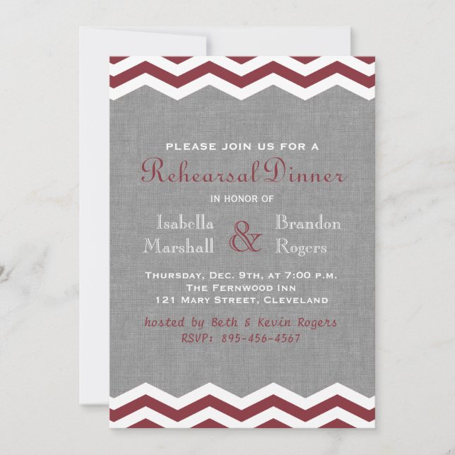 Marsala Chevrons on Gray Rehearsal Dinner Invite (Front)