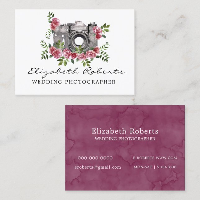 Marsala Chic Floral Camera Wedding Photographer Business Card (Front/Back)