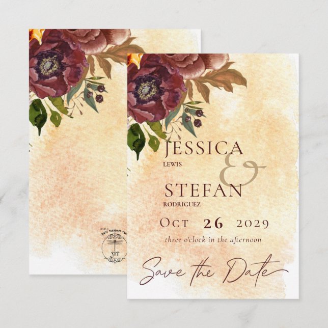 Marsala Clay & Yellow Bouquet Wedding Save The Date (Front/Back)