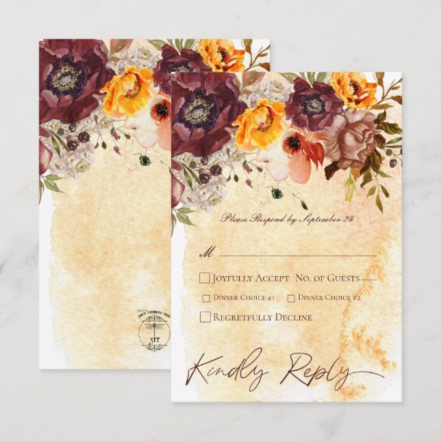 Marsala Clay & Yellow Bouquet Yellow Wedding RSVP Card (Front/Back)
