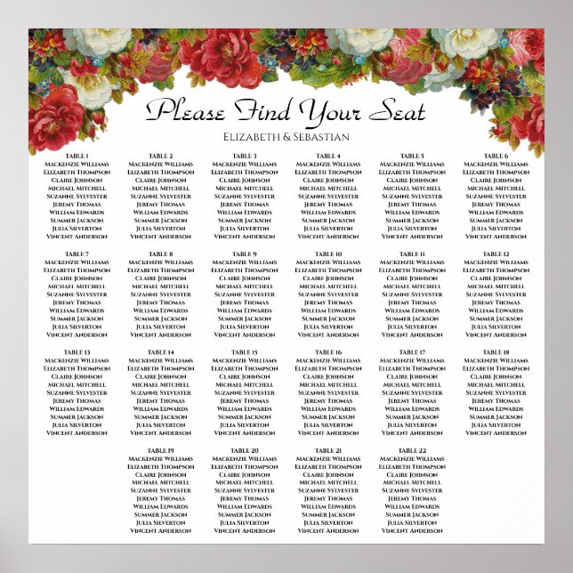 Marsala Floral 22 Table Wedding Seating Chart (Front)