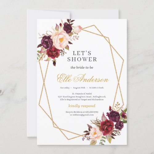 Marsala floral and gold geometric blush pink invitation