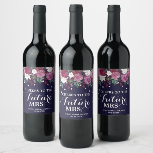 Marsala Floral and Navy Future Mrs Bridal Shower Wine Label