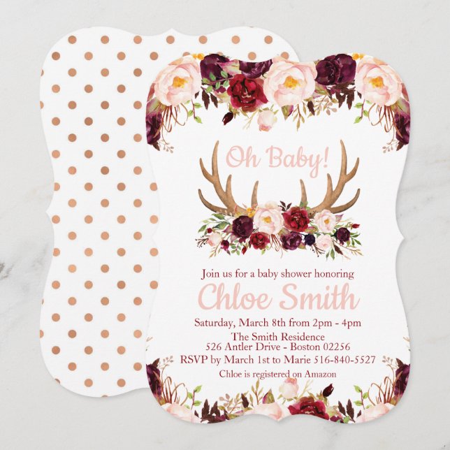 Marsala Floral Antler Baby Shower invitation (Front/Back)