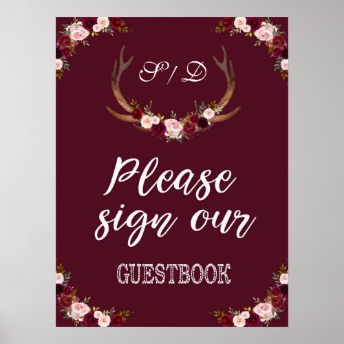 Marsala Floral Antler Burgundy Sign Our Guestbook