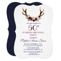 Marsala Floral Antlers Navy 50th Surprize Birthday Card