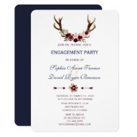 Marsala Floral Antlers Navy Blue Engagement Party Card