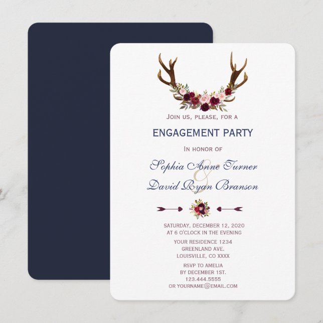 Marsala Floral Antlers Navy Blue Engagement Party Invitation (Front/Back)