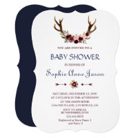 Marsala Floral Antlers Navy Blue Fall Baby Shower Card