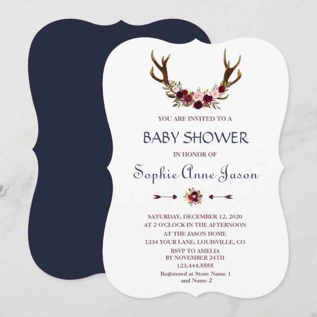 Marsala Floral Antlers Navy Blue Fall Baby Shower Invitation (Front/Back)
