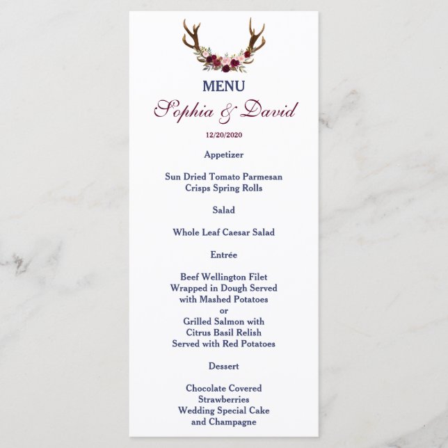 Marsala Floral Antlers Navy Blue Fall Menu (Front)