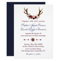Marsala Floral Antlers Navy Blue Fall Wedding Card