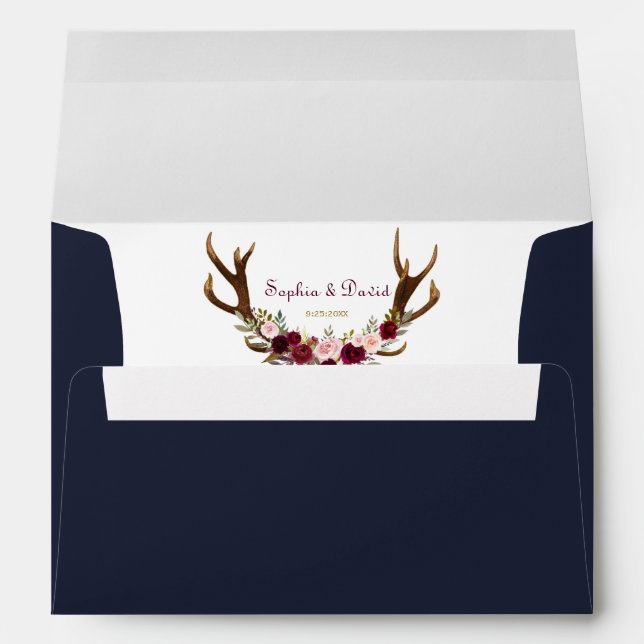 Marsala Floral Antlers Navy Blue Fall Wedding Envelope (Back (Bottom))